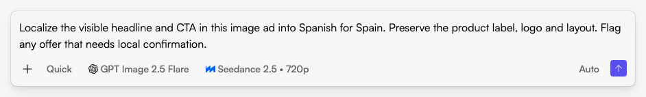 Specify the source creative, target language and market in Chat. This sample request has not been submitted. Actual Fogza UI rendered with sample data; not a customer result.