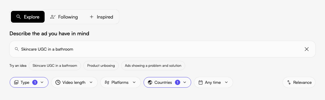 Search Inspiration by a visual idea, brand or message. The sample search illustrates discovery; browsing filters do not constrain Explore query results. Actual Fogza UI rendered with sample data; not a customer result.