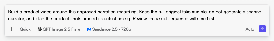 Start in Fogza Chat with a specific audio to video maker request. This example text has not been submitted. Actual Fogza UI rendered with sample data; not a customer result.