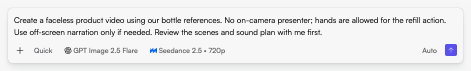 Start in Fogza Chat with a specific faceless ai video generator request. This example text has not been submitted. Actual Fogza UI rendered with sample data; not a customer result.