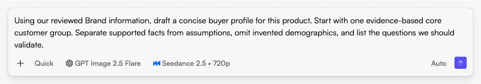 Start in Fogza Chat with a specific ai buyer persona generator request. This example text has not been submitted. Actual Fogza UI rendered with sample data; not a customer result.