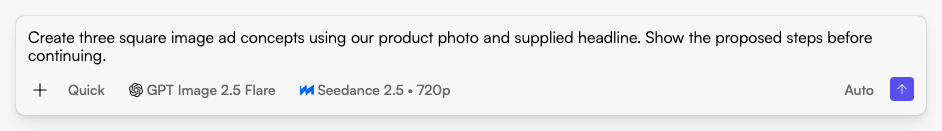 Start with a concrete creative brief in Fogza Chat. This request has not been submitted. Actual Fogza UI rendered with sample data; not a customer result.