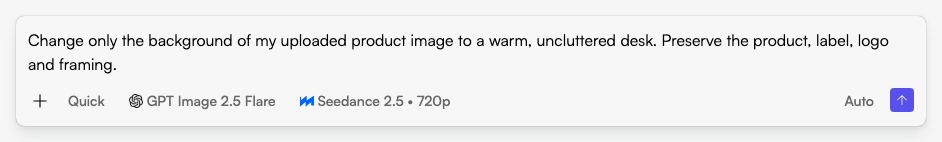 Describe the new background and protected product details in Chat. This sample request has not been submitted. Actual Fogza UI rendered with sample data; not a customer result.