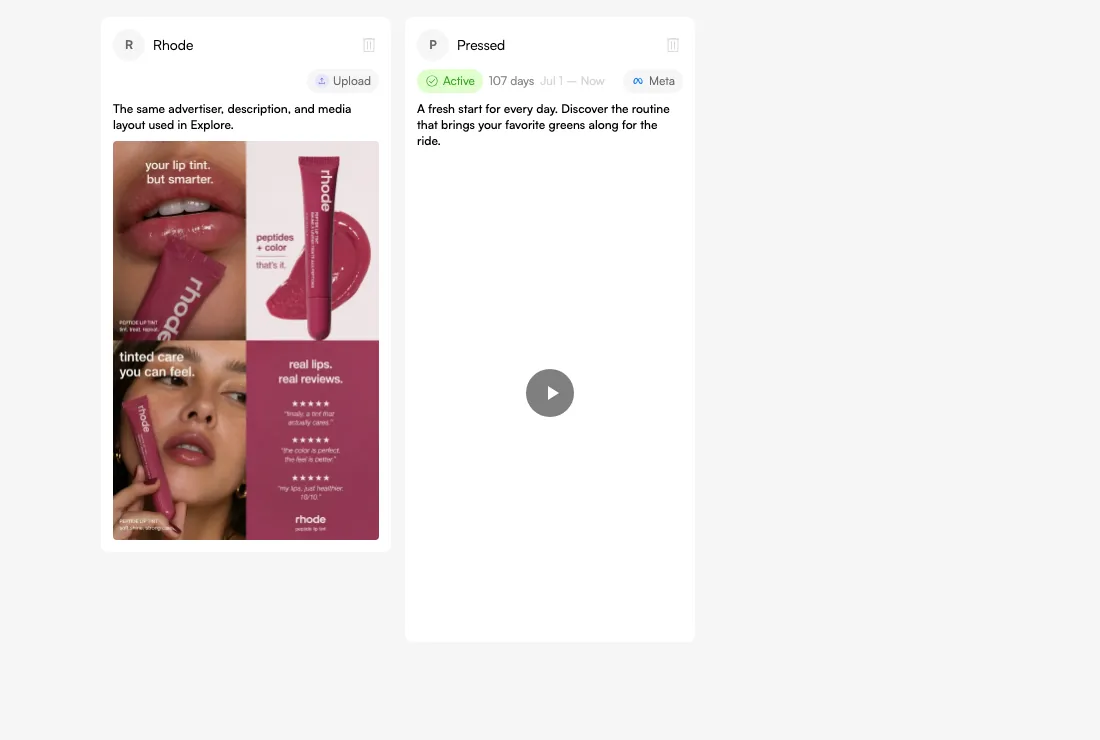 Review saved references in Inspired and choose one for your creative brief. These are sample ad cards, not proven winning ads. Actual Fogza UI rendered with sample data; not a customer result.