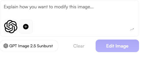 For an available image project, Chat to Edit is an entry point for a scoped revision. The sample composer does not show a completed background replacement. Actual Fogza UI rendered with sample data; not a customer result.