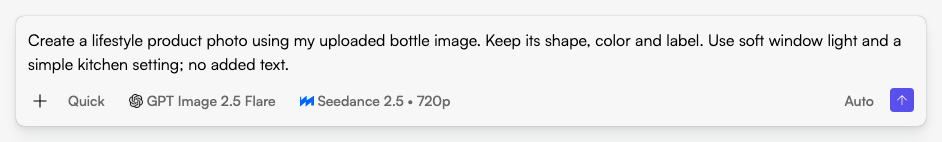 Start in Chat with your product photo and a shot brief. This sample request has not been submitted. Actual Fogza UI rendered with sample data; not a customer result.