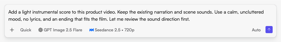Start in Fogza Chat with a specific video maker with music request. This example text has not been submitted. Actual Fogza UI rendered with sample data; not a customer result.