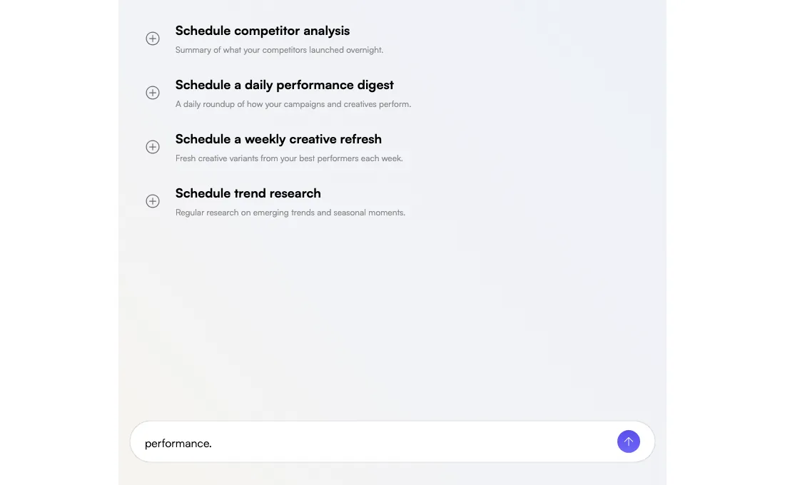 Open Schedules, review a suggestion or describe a recurring task, then review the proposed schedule before activation. Actual Fogza UI rendered with sample data; not a customer result.