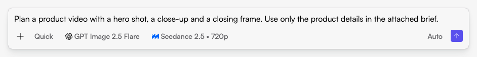 Start in Fogza Chat: describe the task, audience and available assets before sending your request. Actual Fogza UI rendered with sample data; not a customer result.