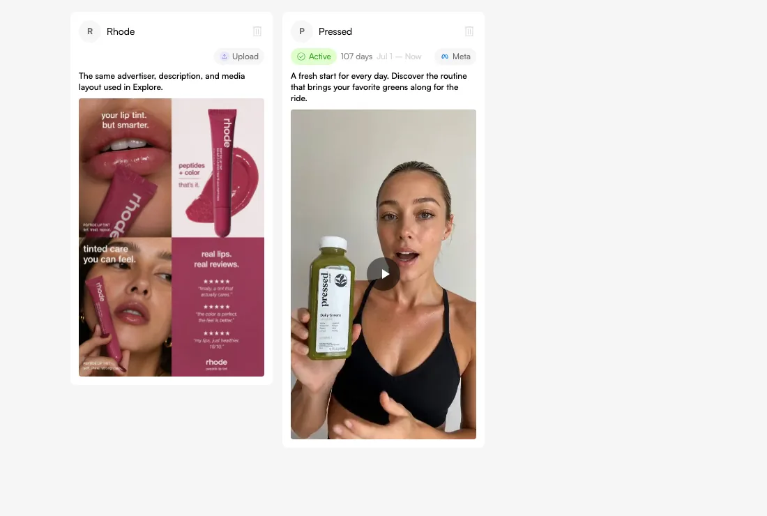Save useful references in Inspired for your next review. These sample cards do not establish competitor ad performance. Actual Fogza UI rendered with sample data; not a customer result.
