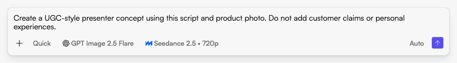 Start in Fogza Chat: describe the task, audience and available assets before sending your request. Actual Fogza UI rendered with sample data; not a customer result.